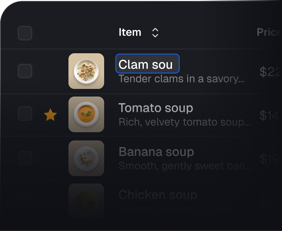 Quick editing a menu item directly in the catalogue table