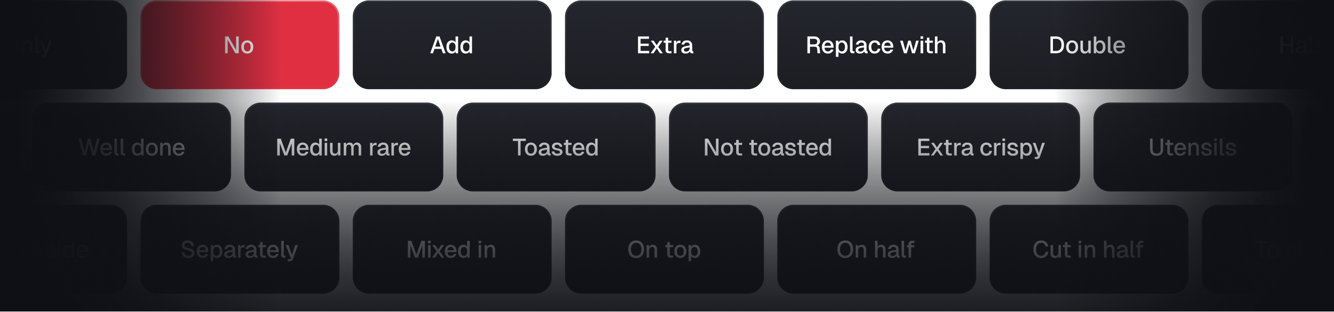 Quick modifiers including No, Add, Extra, Replace with, and preparation preferences