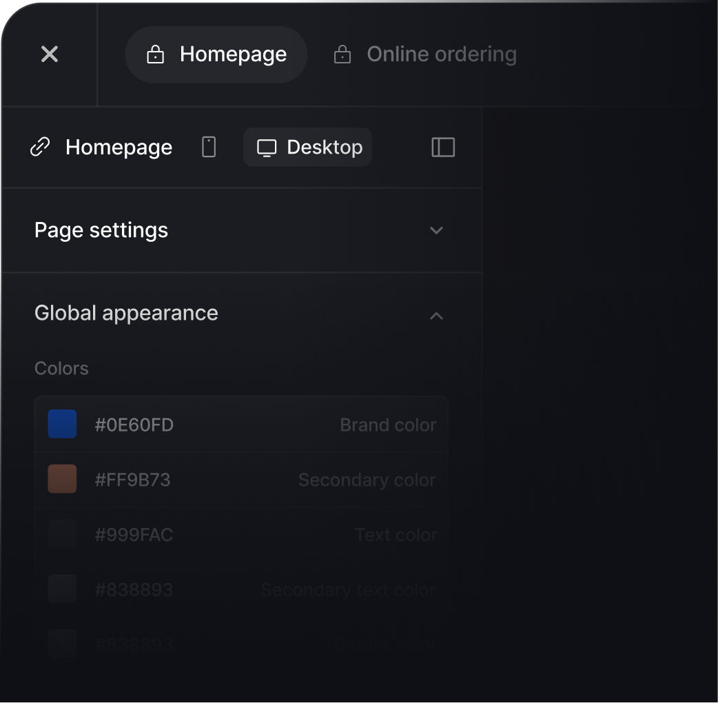 Website builder with page settings, fonts, colors and branding controls